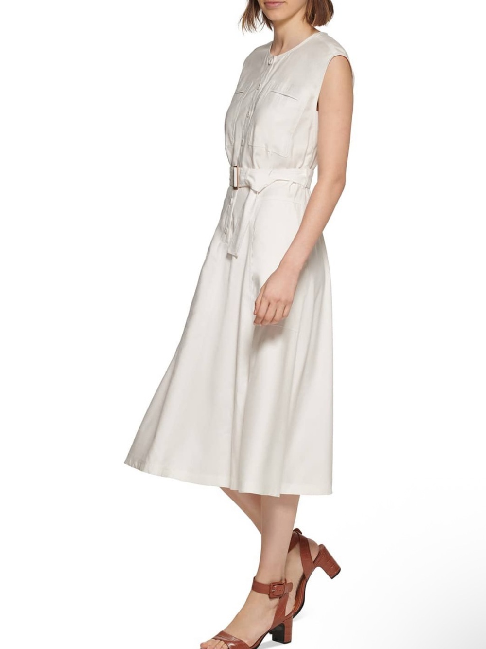 Calvin Klein Sleeveless Belted Midi Dress in Ivory